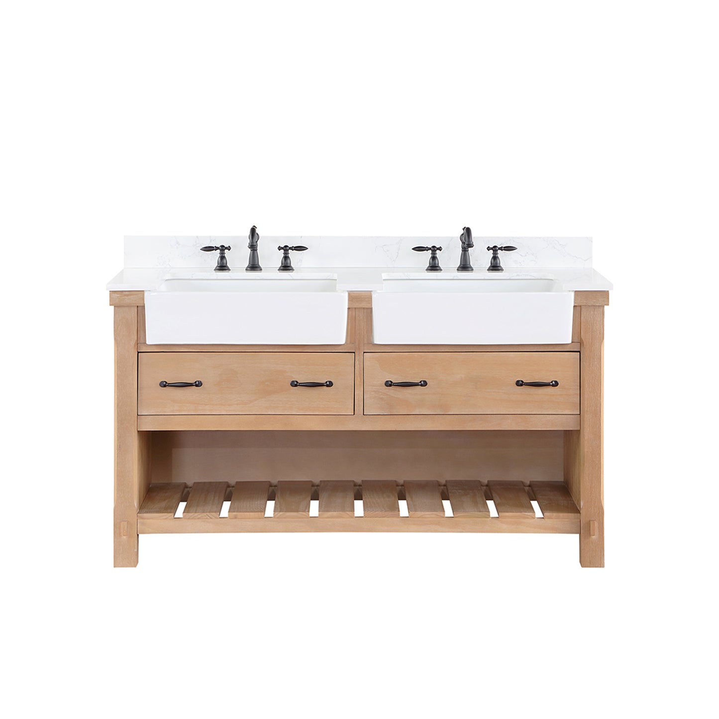 Villareal 60" Double Bath Vanity in Weathered Pine with Composite Stone Top in White, White Farmhouse Basin