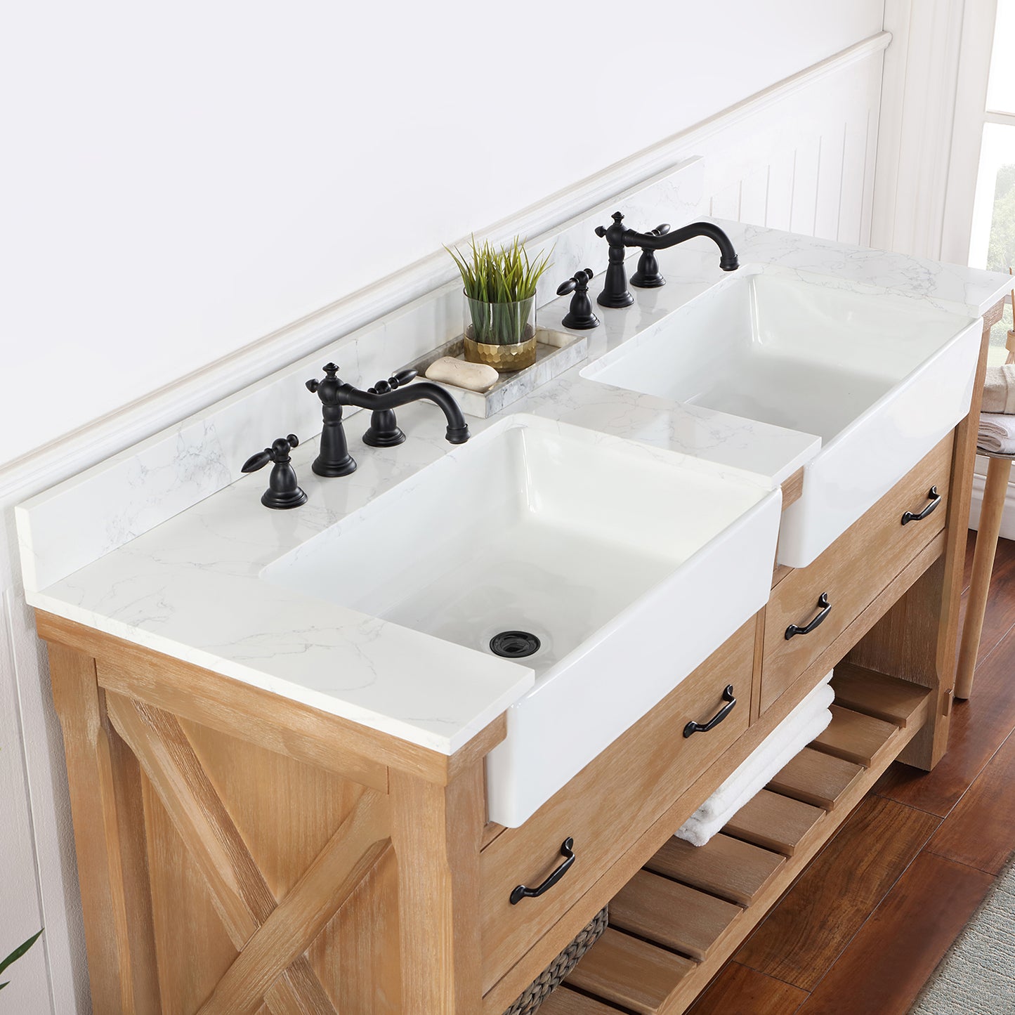 Villareal 60" Double Bath Vanity in Weathered Pine with Composite Stone Top in White, White Farmhouse Basin