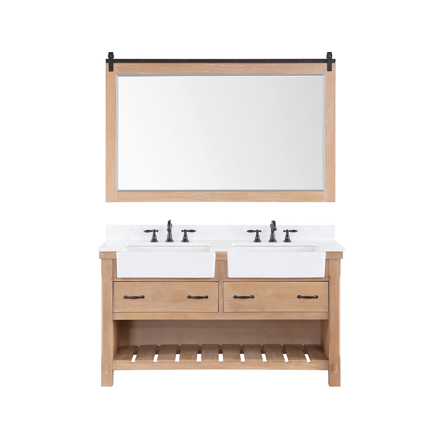 Villareal 60" Double Bath Vanity in Weathered Pine with Composite Stone Top in White, White Farmhouse Basin and Mirror