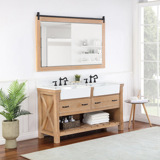 Villareal 60" Double Bath Vanity in Weathered Pine with Composite Stone Top in White, White Farmhouse Basin and Mirror