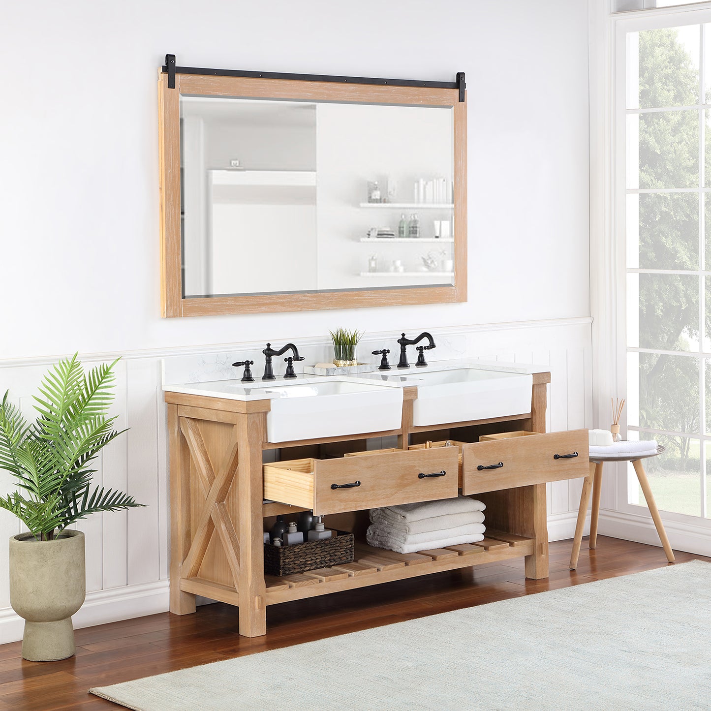 Villareal 60" Double Bath Vanity in Weathered Pine with Composite Stone Top in White, White Farmhouse Basin and Mirror