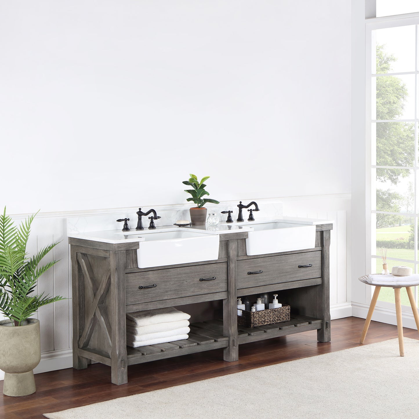 Villareal 72" Double Bath Vanity in Classical Grey with Composite Stone Top in White, White Farmhouse Basin
