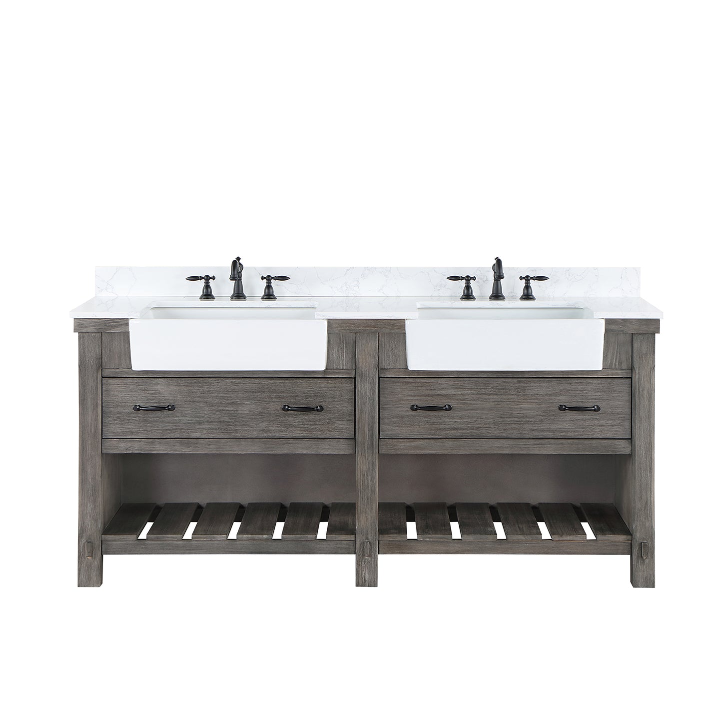 Villareal 72" Double Bath Vanity in Classical Grey with Composite Stone Top in White, White Farmhouse Basin