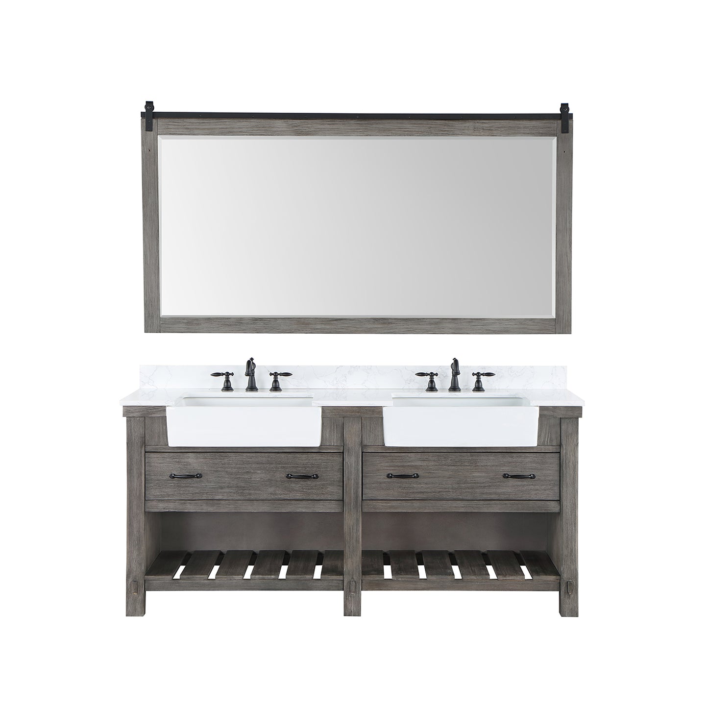 Villareal 72" Double Bath Vanity in Classical Grey with Composite Stone Top in White, White Farmhouse Basin and Mirror