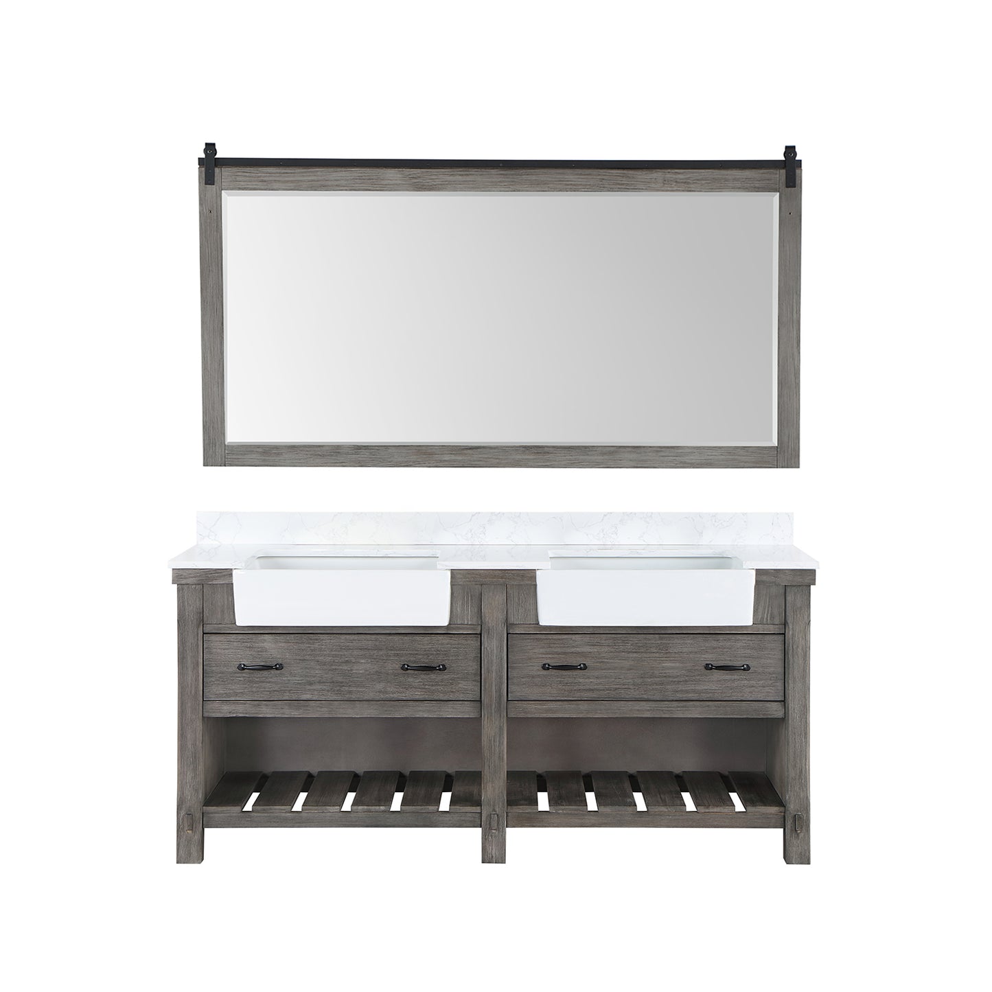 Villareal 72" Double Bath Vanity in Classical Grey with Composite Stone Top in White, White Farmhouse Basin and Mirror