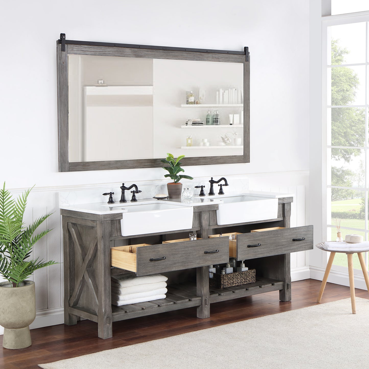 Villareal 72" Double Bath Vanity in Classical Grey with Composite Stone Top in White, White Farmhouse Basin and Mirror