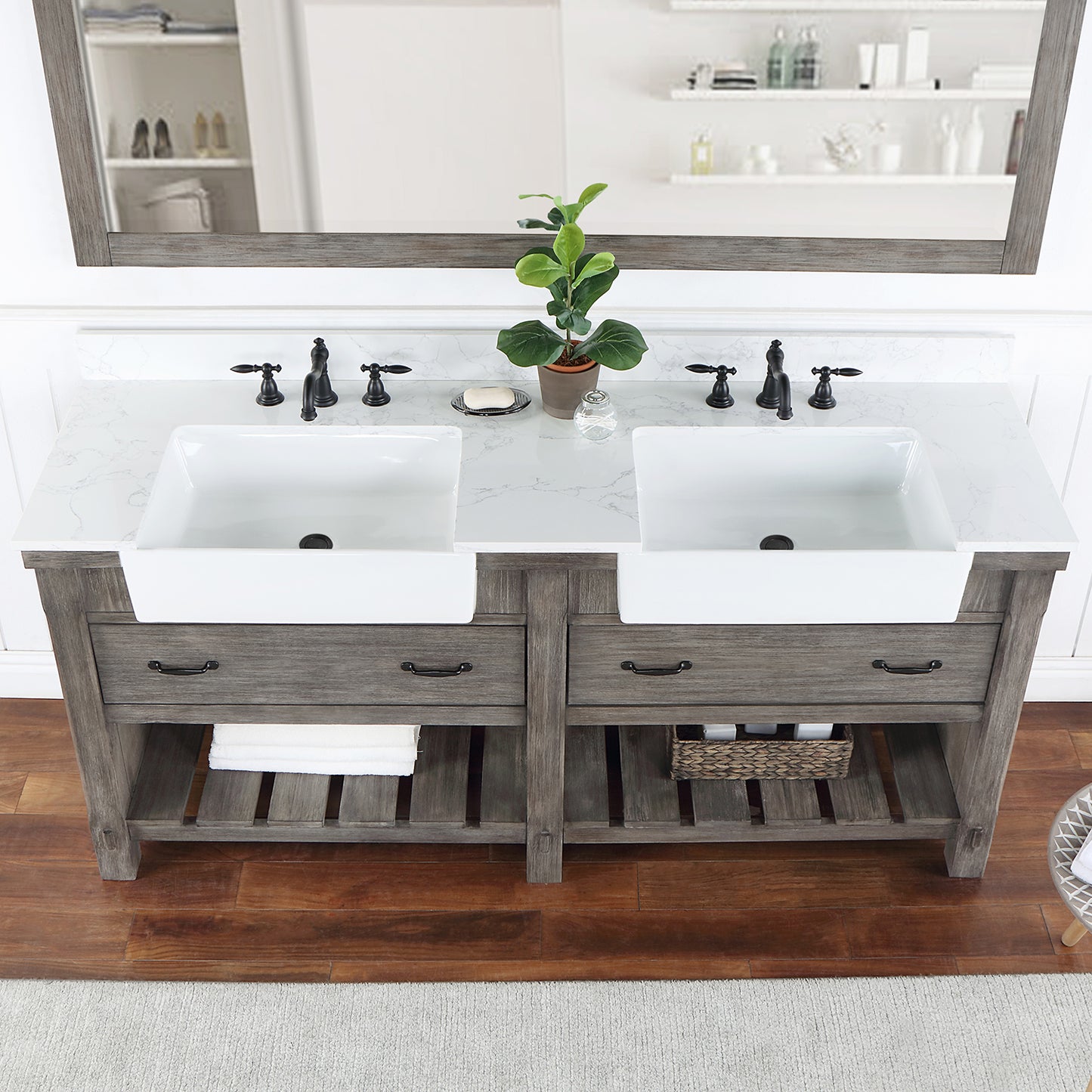 Villareal 72" Double Bath Vanity in Classical Grey with Composite Stone Top in White, White Farmhouse Basin and Mirror