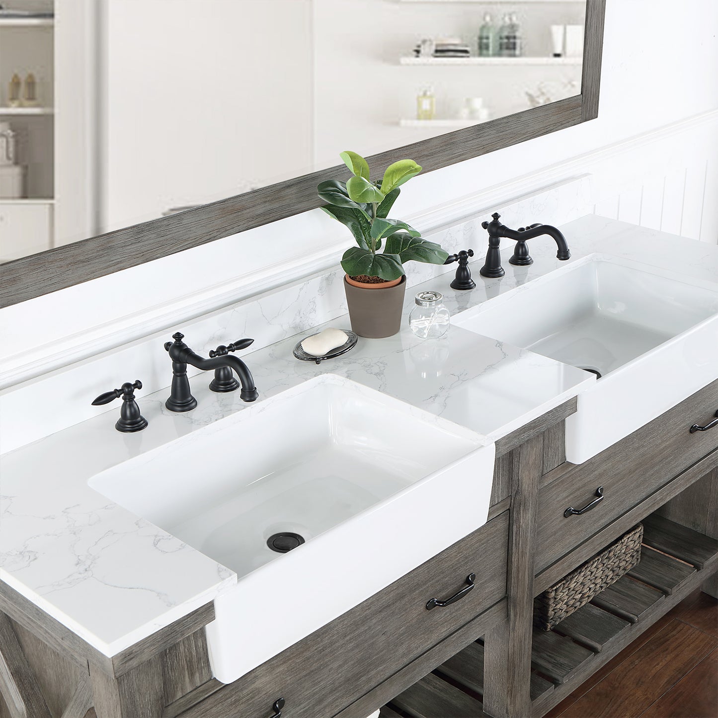 Villareal 72" Double Bath Vanity in Classical Grey with Composite Stone Top in White, White Farmhouse Basin and Mirror