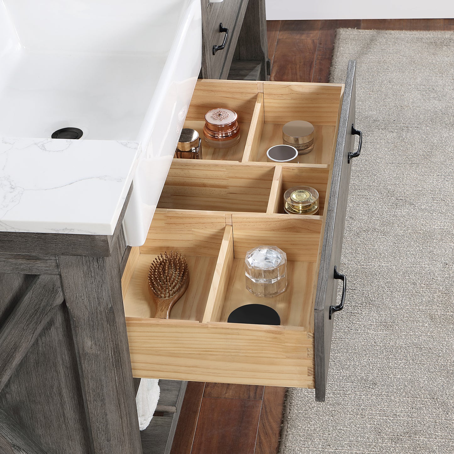 Villareal 72" Double Bath Vanity in Classical Grey with Composite Stone Top in White, White Farmhouse Basin and Mirror