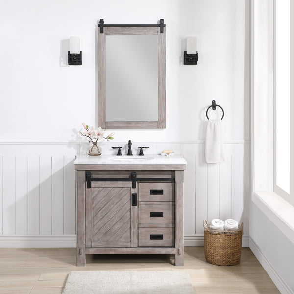Cortes 36 Single Sink Bath Vanity in Classical Grey with White Composite Countertop and Mirror