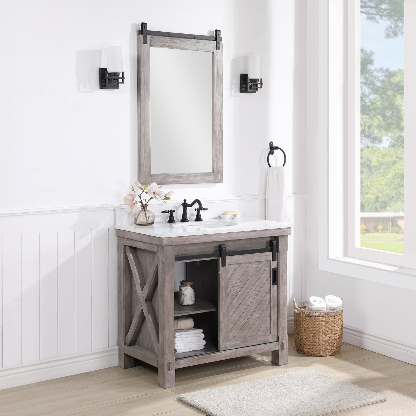 Cortes 36" Single Sink Bath Vanity in Classical Grey with White Composite Countertop and Mirror