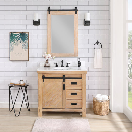 Cortes 36" Single Sink Bath Vanity in Weathered Pine with White Composite Countertop and Mirror