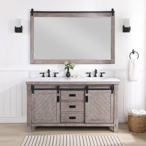 Cortes 60 Double Sink Bath Vanity in Classical Grey with White Composite Countertop and Mirror