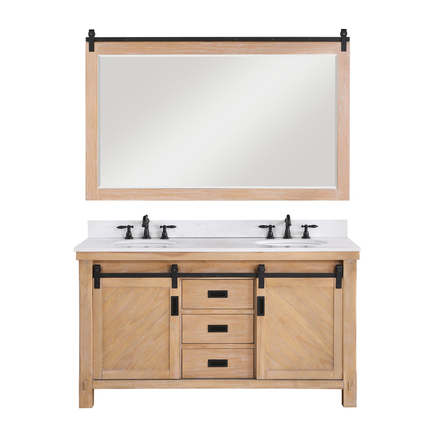 Cortes 60" Double Sink Bath Vanity in Weathered Pine with White Composite Countertop and Mirror