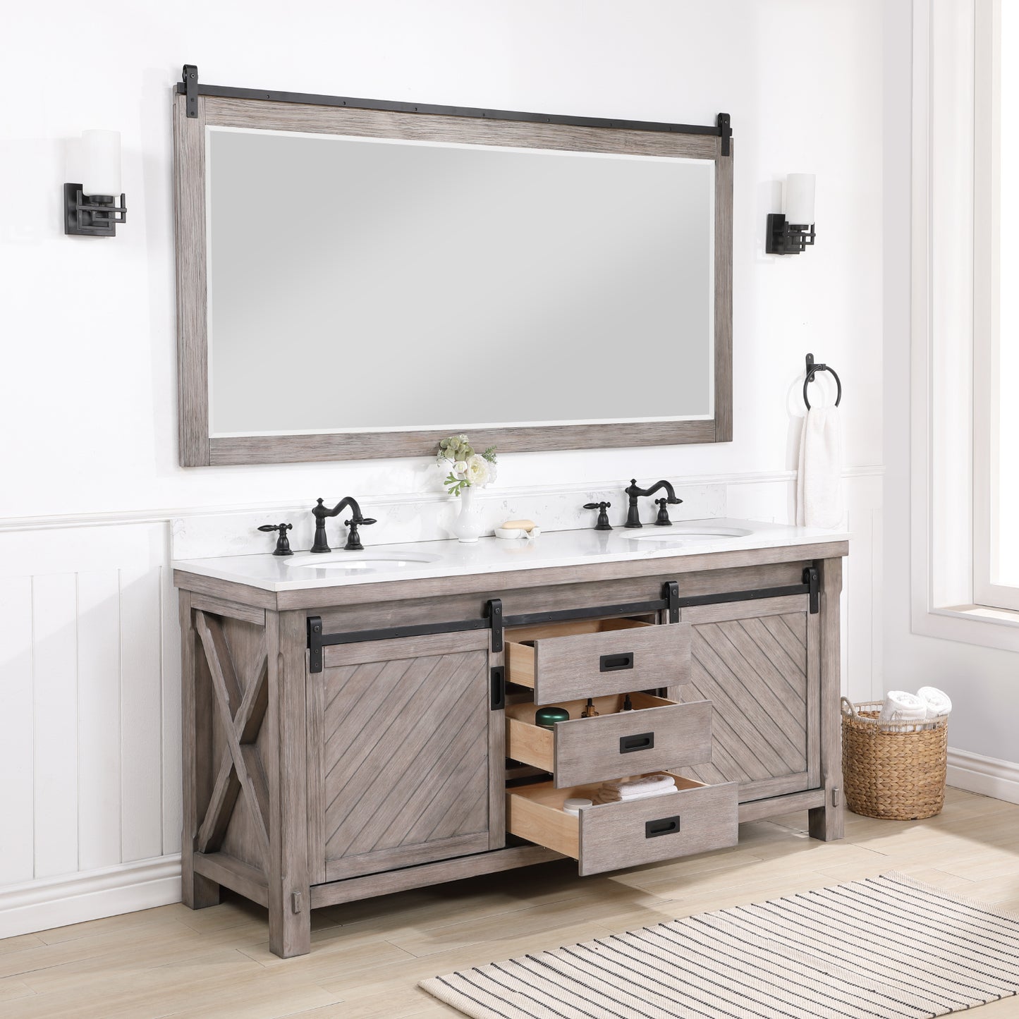 Cortes 72" Double Sink Bath Vanity in Classical Grey with White Composite Countertop and Mirror