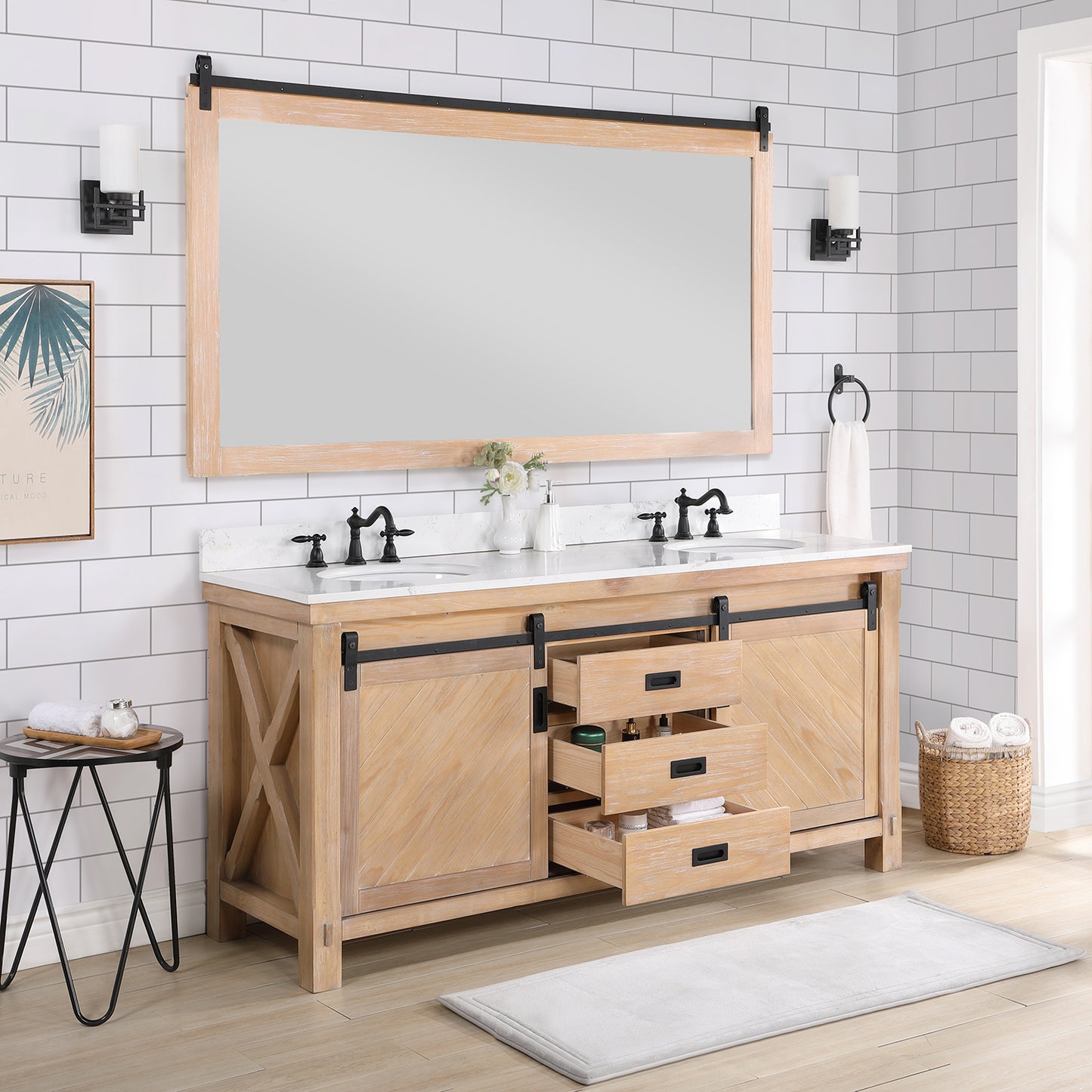 Cortes 72" Double Sink Bath Vanity in Weathered Pine with White Composite Countertop and Mirror