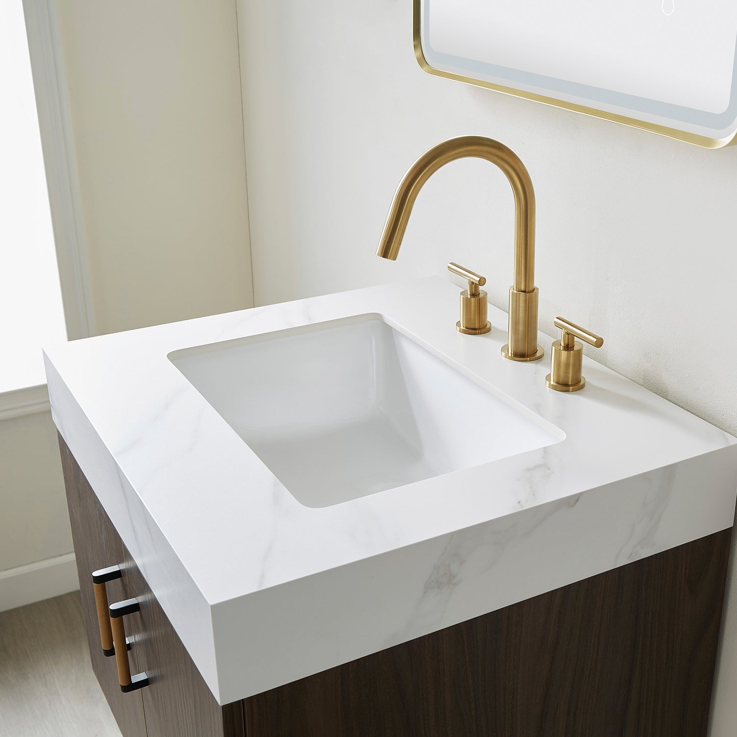 Toledo 24"Single Sink Bath Vanity in Dark Walnut with White Centered Stone Top and Mirror