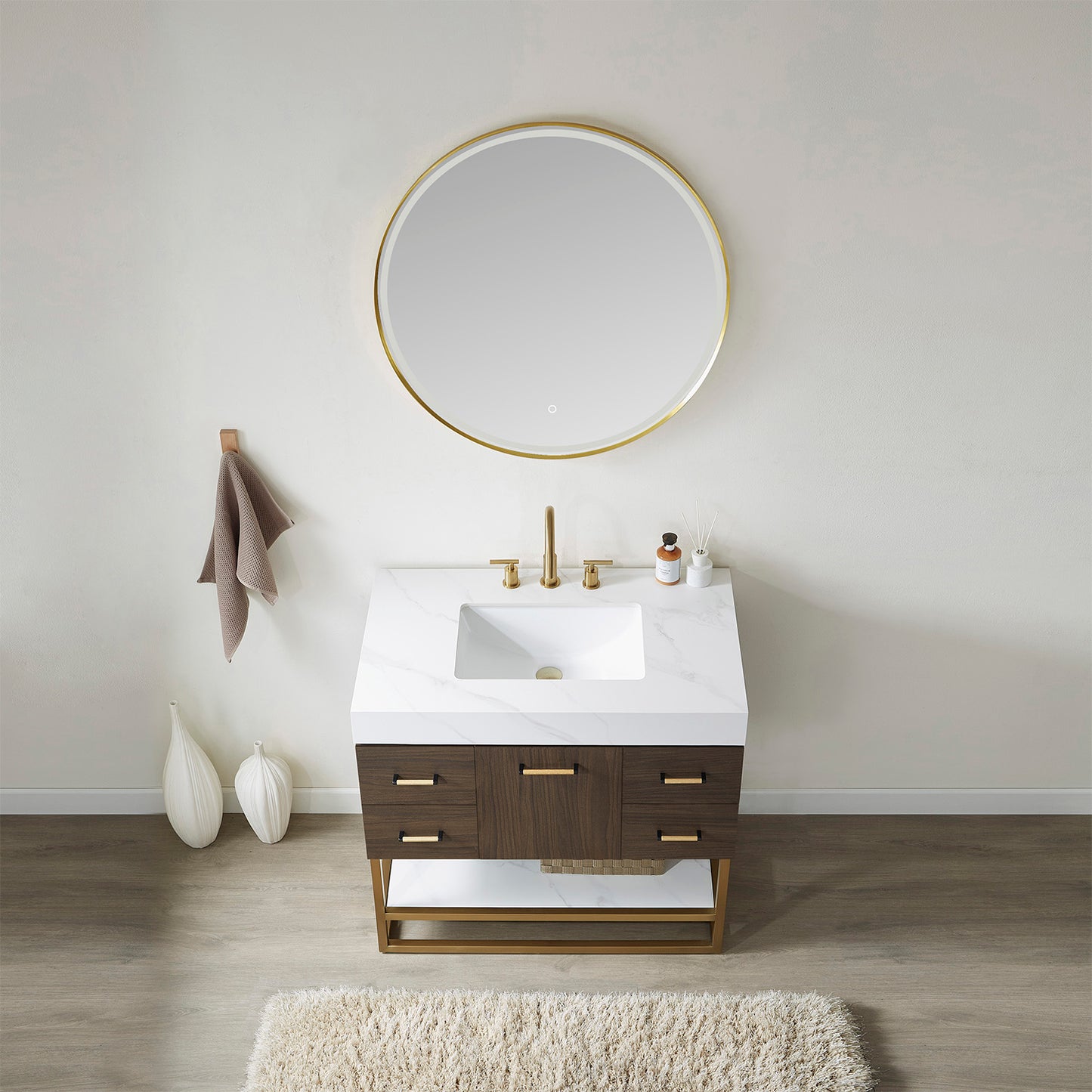 Toledo 36"Single Sink Bath Vanity in Dark Walnut with White Centered Stone Top and Mirror