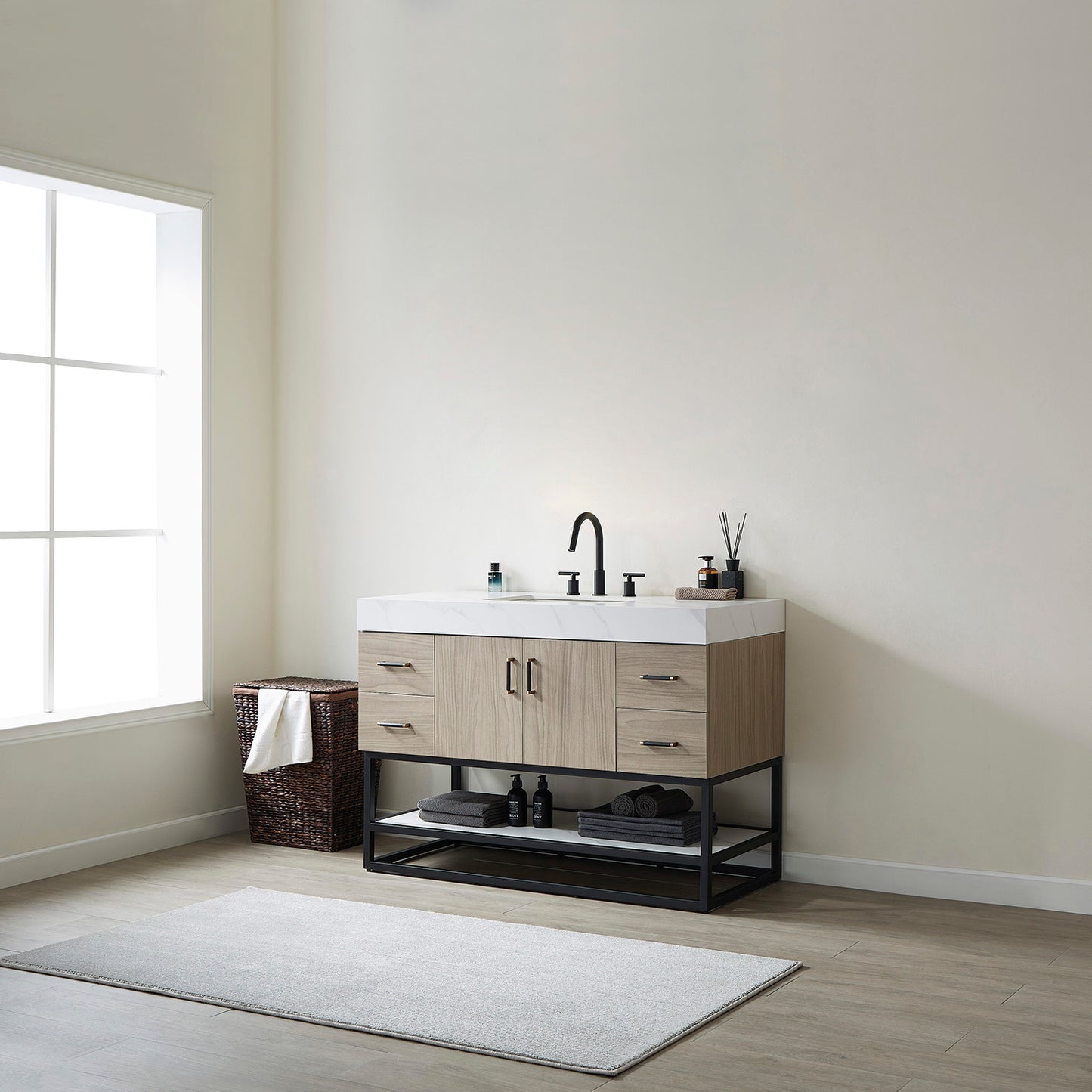 Toledo 48"Single Sink Bath Vanity in Light Walnut with White Centered Stone Top