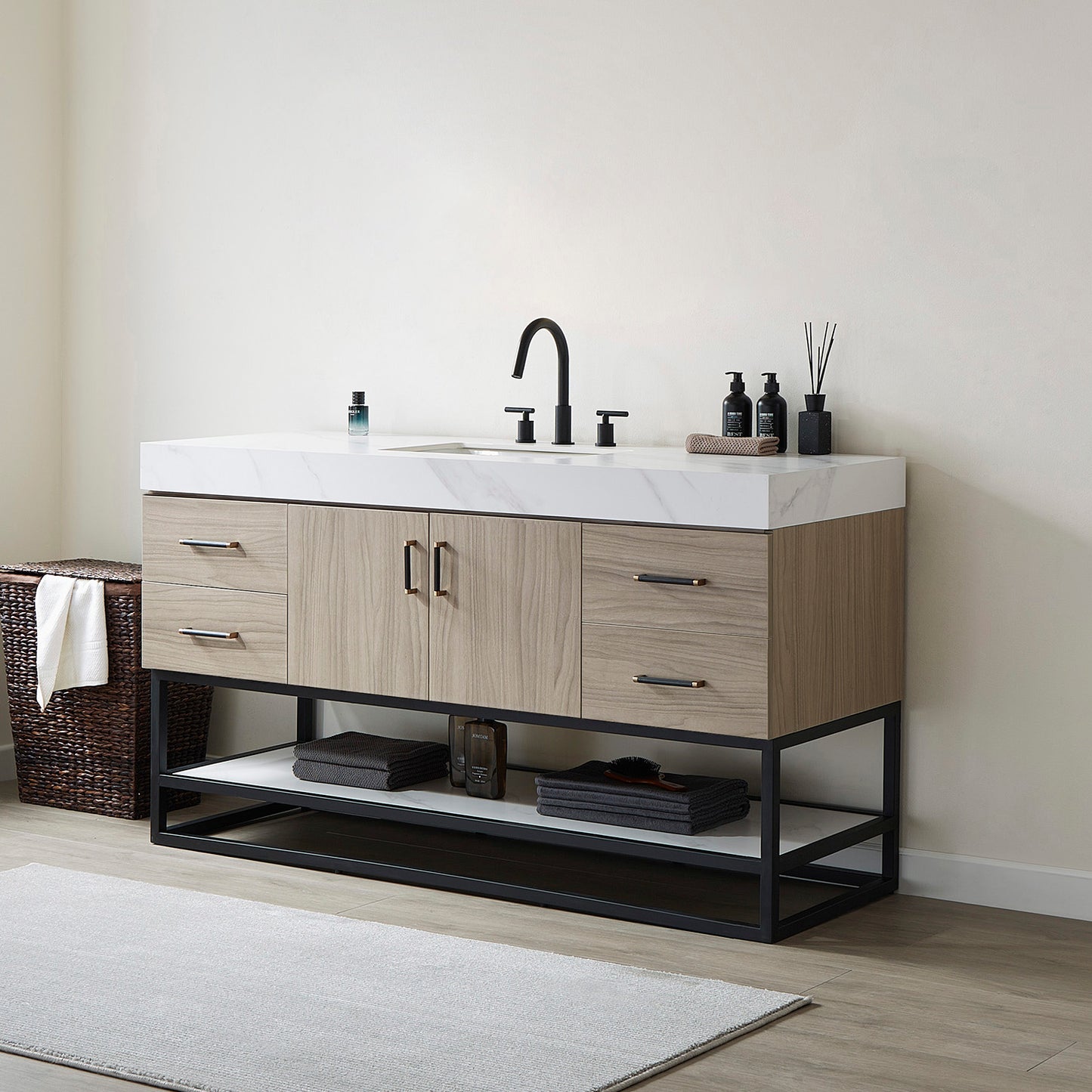 Toledo 60"Single Sink Bath Vanity in Light Walnut with White Centered Stone Top