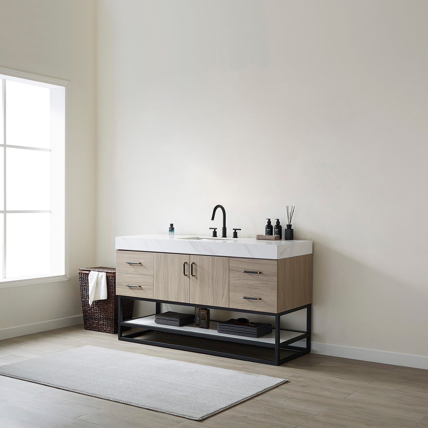 Toledo 60"Single Sink Bath Vanity in Light Walnut with White Centered Stone Top