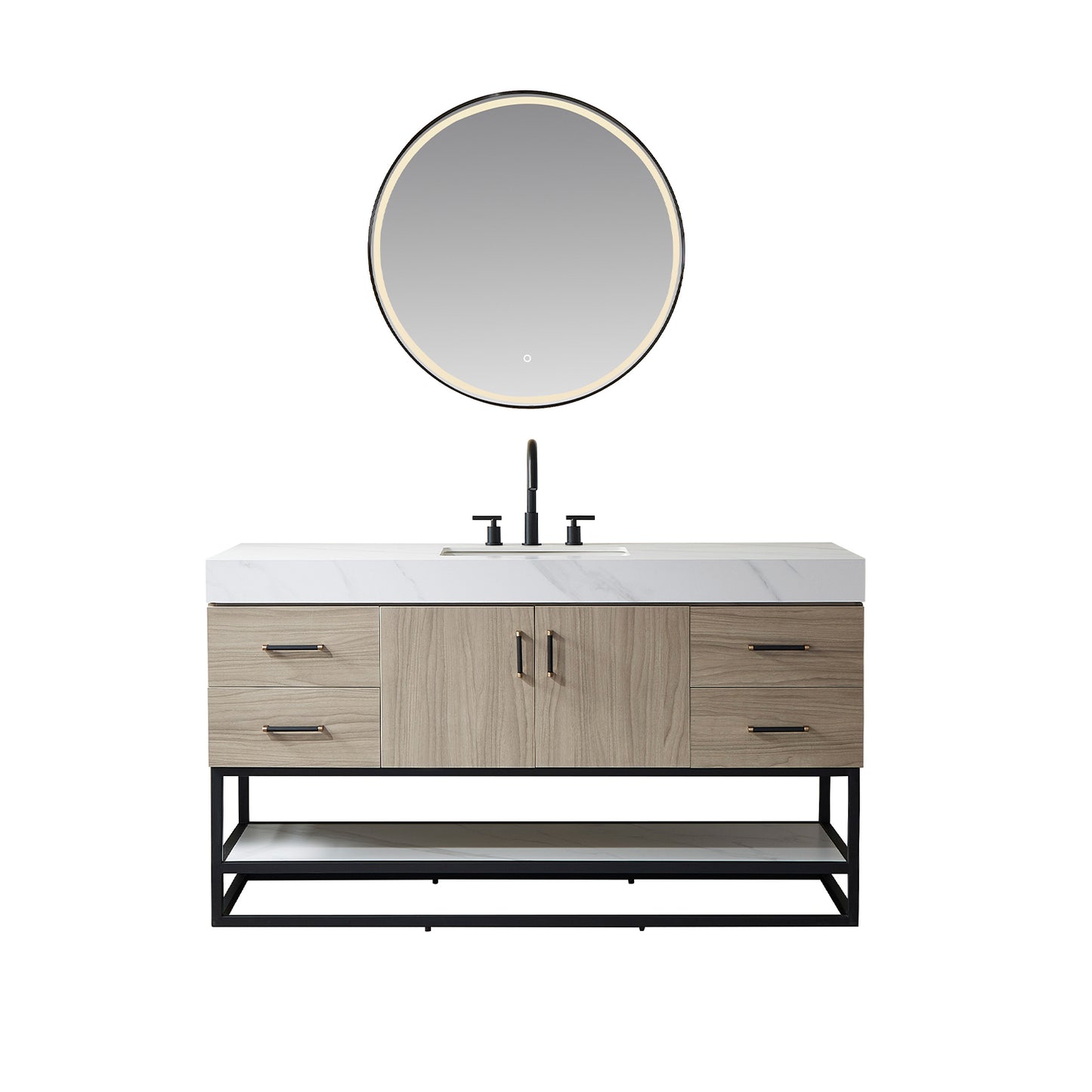 Toledo 60"Single Sink Bath Vanity in Light Walnut with White Centered Stone Top and Mirror