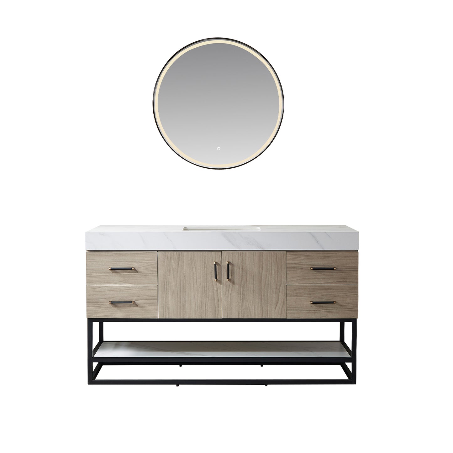Toledo 60"Single Sink Bath Vanity in Light Walnut with White Centered Stone Top and Mirror