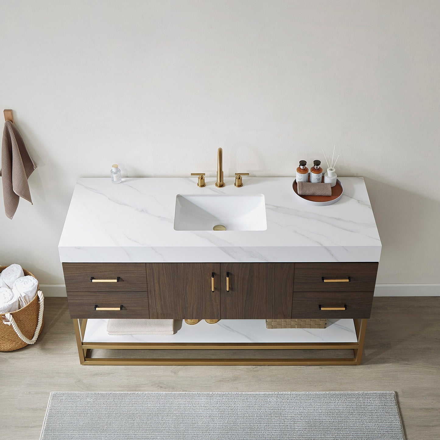 Toledo 60"Single Sink Bath Vanity in Dark Walnut with White Centered Stone Top