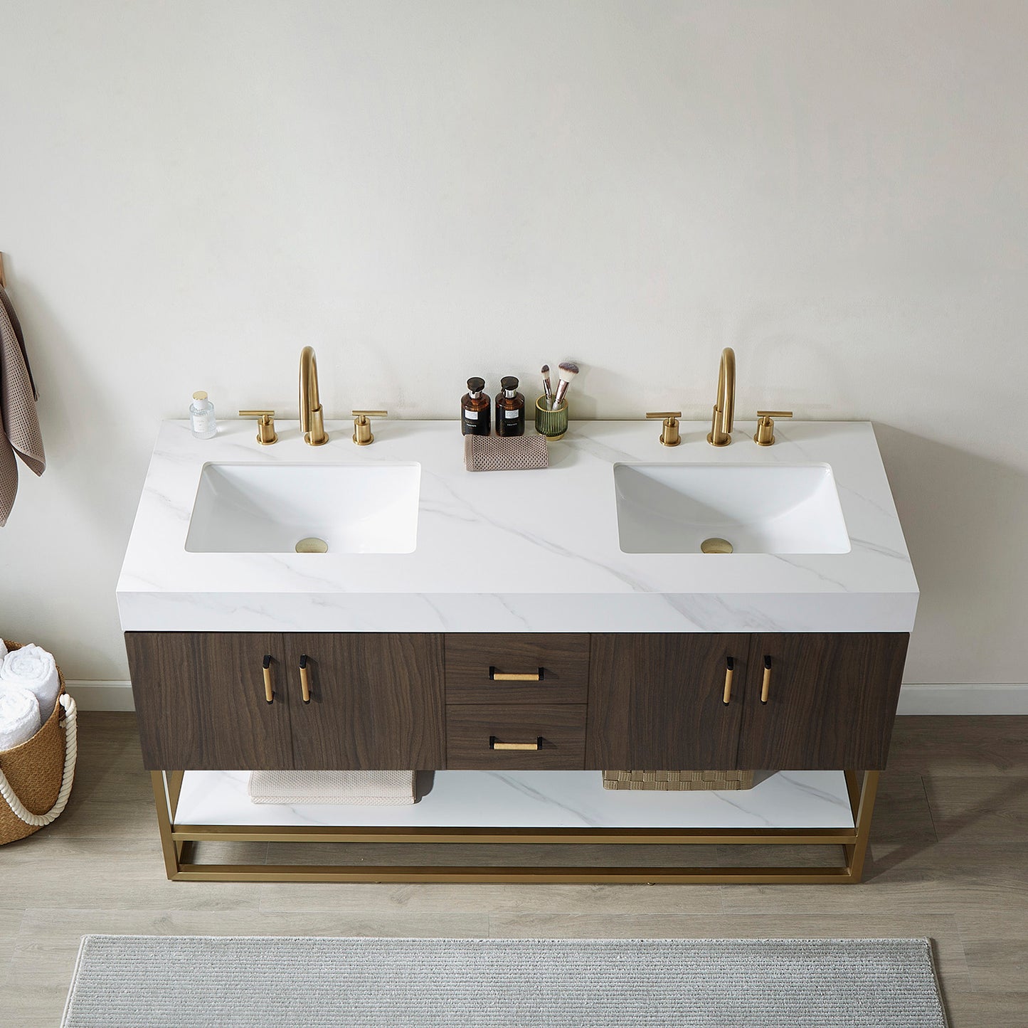 Toledo 60"Double Sink Bath Vanity in Dark Walnut with White Centered Stone Top