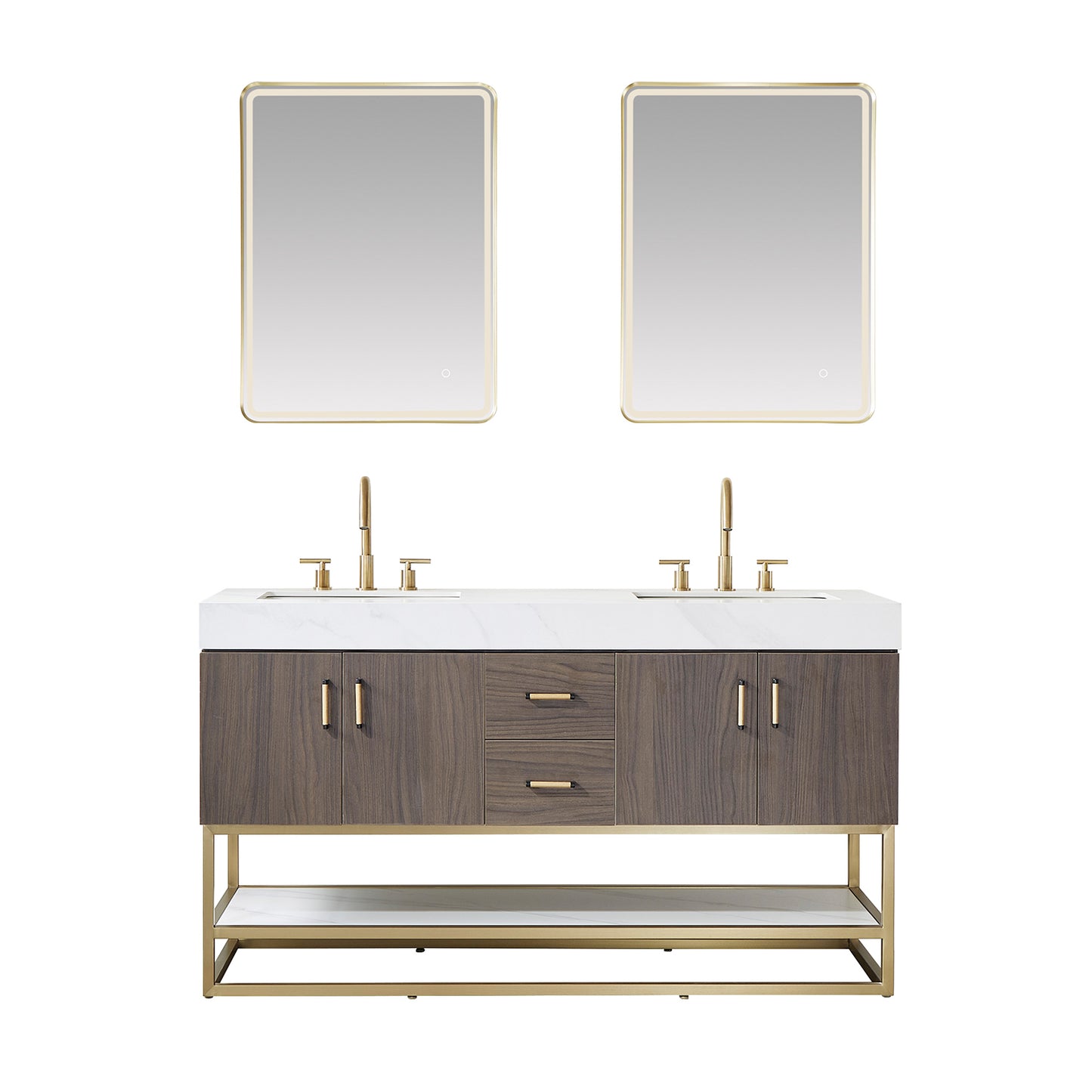 Toledo 60"Double Sink Bath Vanity in Dark Walnut with White Centered Stone Top and Mirror