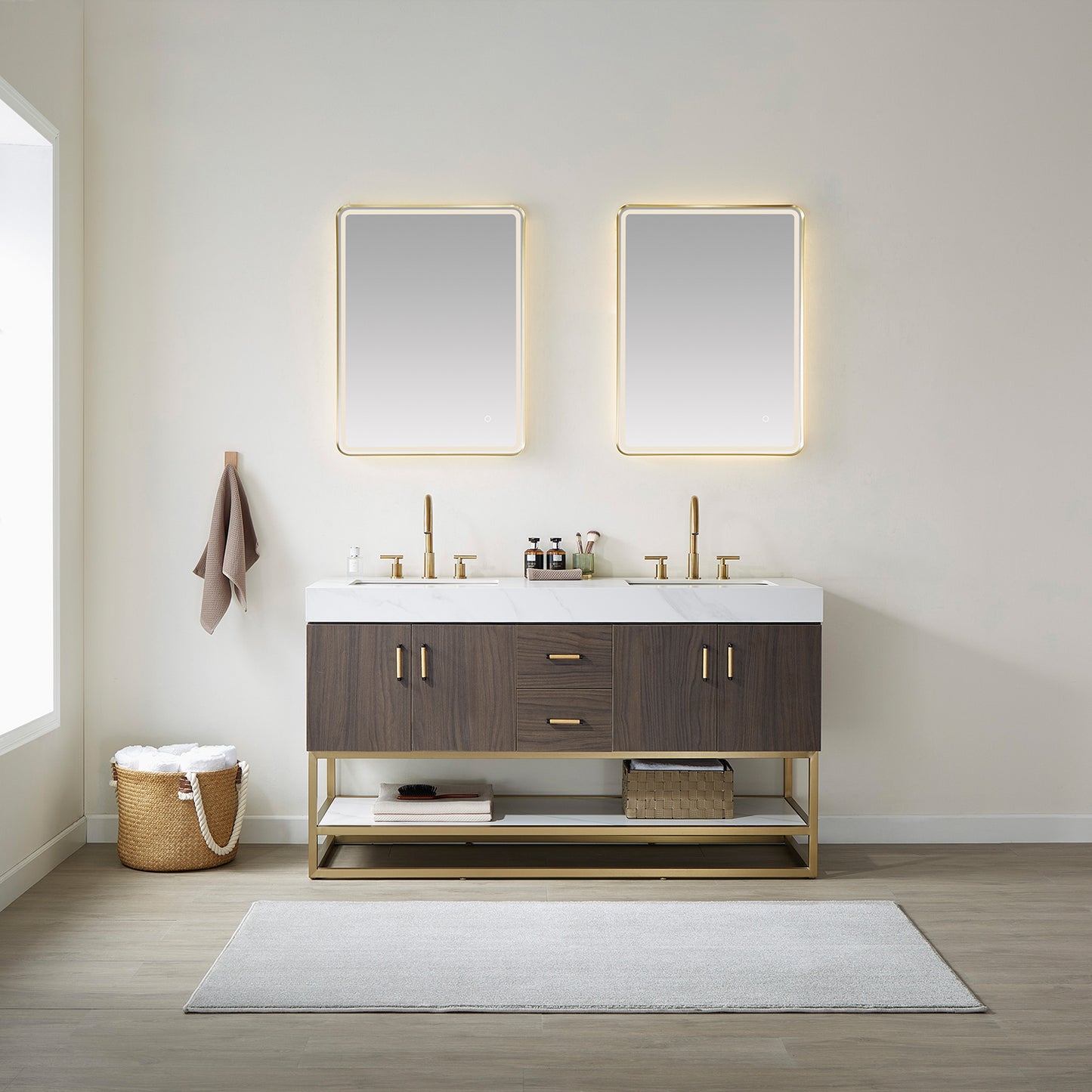 Toledo 60"Double Sink Bath Vanity in Dark Walnut with White Centered Stone Top and Mirror