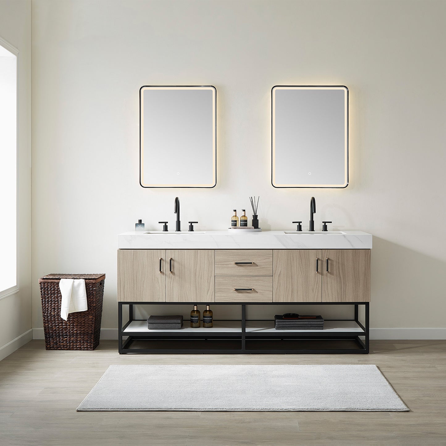 Toledo 72"Double Sink Bath Vanity in Light Walnut with White Centered Stone Top and Mirror