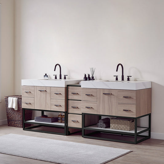 Toledo 84"Double Sink Bath Vanity in Light Walnut with White Centered Stone Top