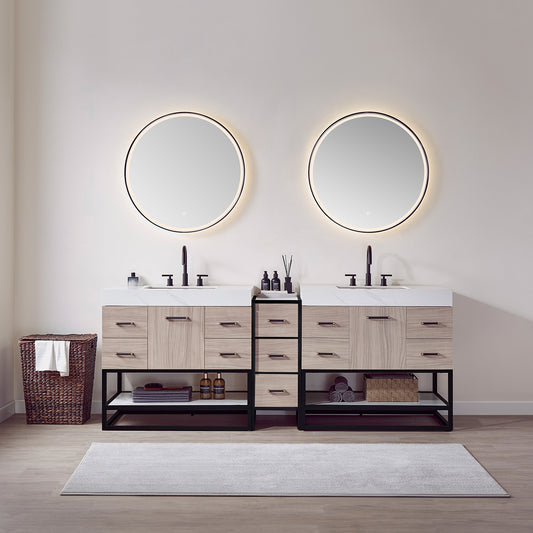Toledo 84"Double Sink Bath Vanity in Light Walnut with White Centered Stone Top and Mirror