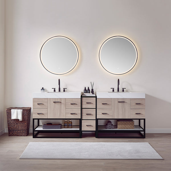Toledo 84Double Sink Bath Vanity in Light Walnut with White Centered Stone Top and Mirror