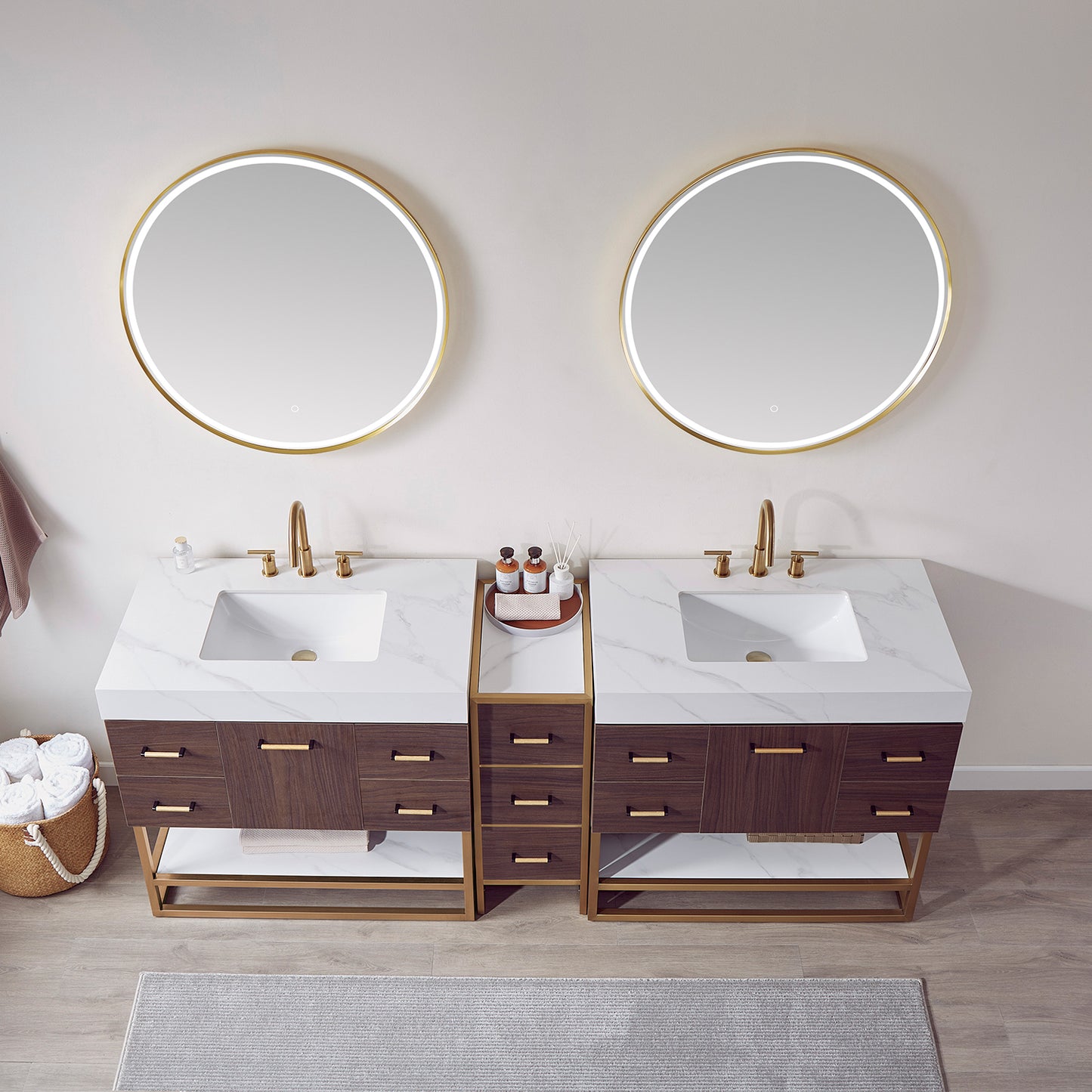 Toledo 84"Double Sink Bath Vanity in Dark Walnut with White Centered Stone Top and Mirror