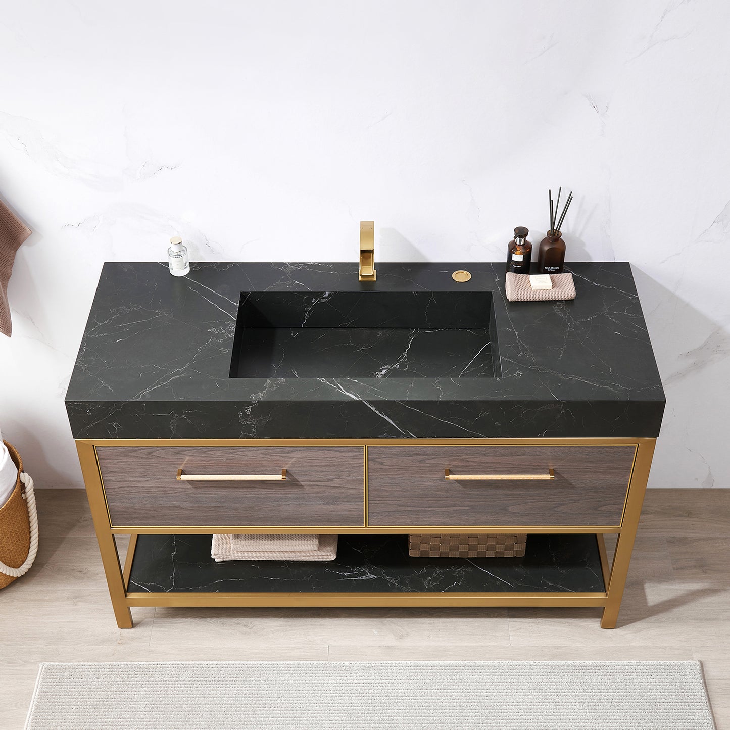 Segovia 55" Single Sink Bath Vanity in Suleiman Oak with Black Centered Stone Top