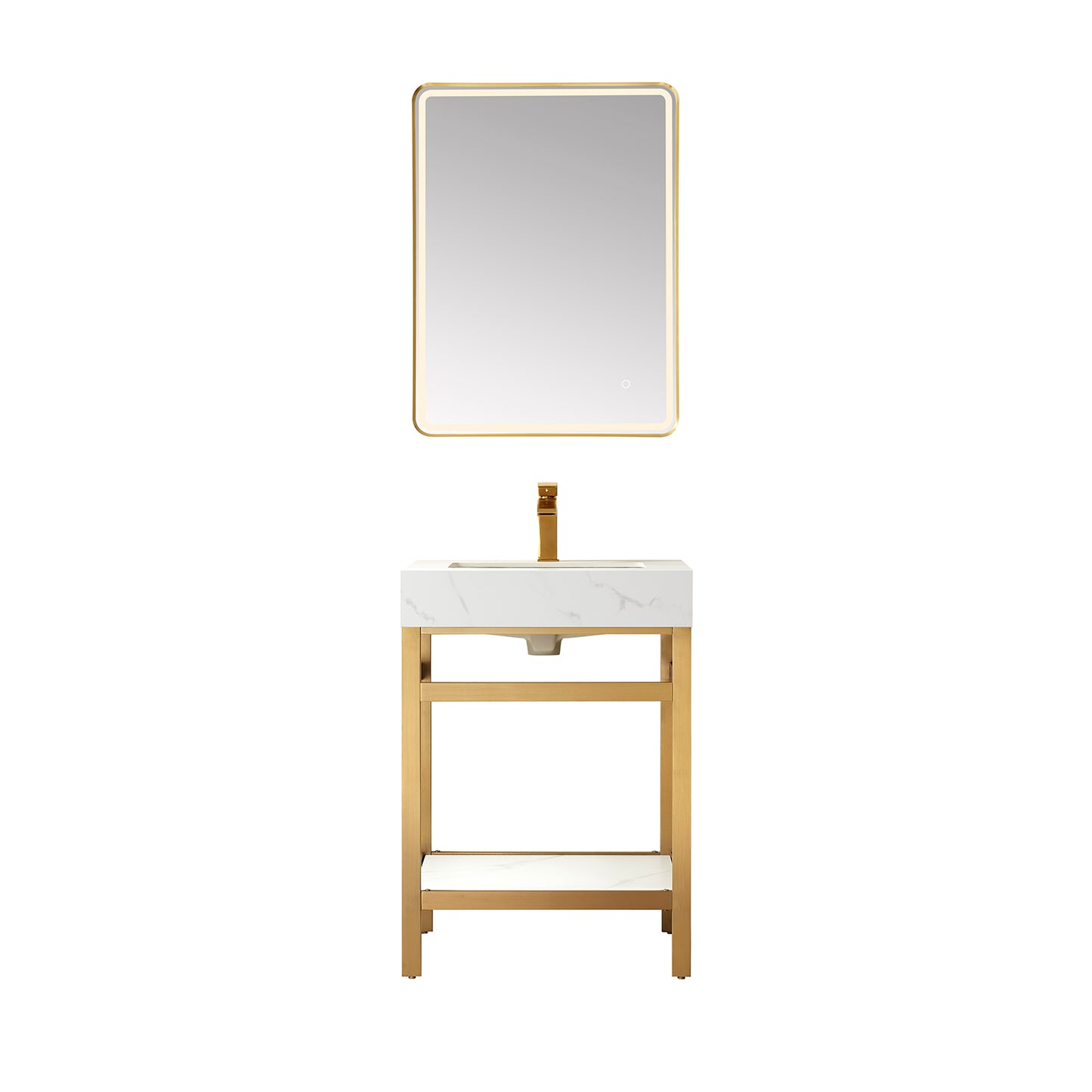 Funes 24" Single Sink Bath Vanity in Brushed Gold Metal Support with White Sintered Stone Top and Mirror