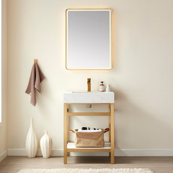 Funes 24 Single Sink Bath Vanity in Brushed Gold Metal Support with White Sintered Stone Top and Mirror