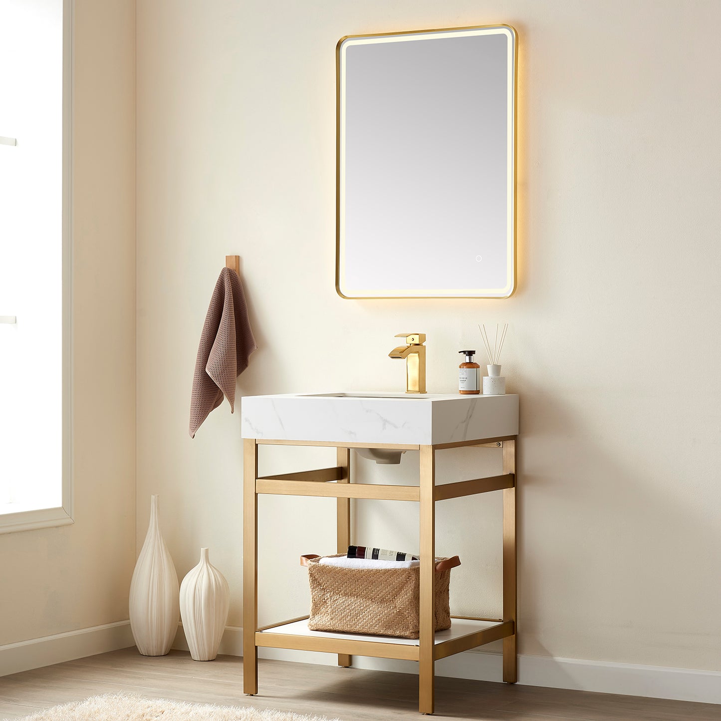 Funes 24" Single Sink Bath Vanity in Brushed Gold Metal Support with White Sintered Stone Top and Mirror