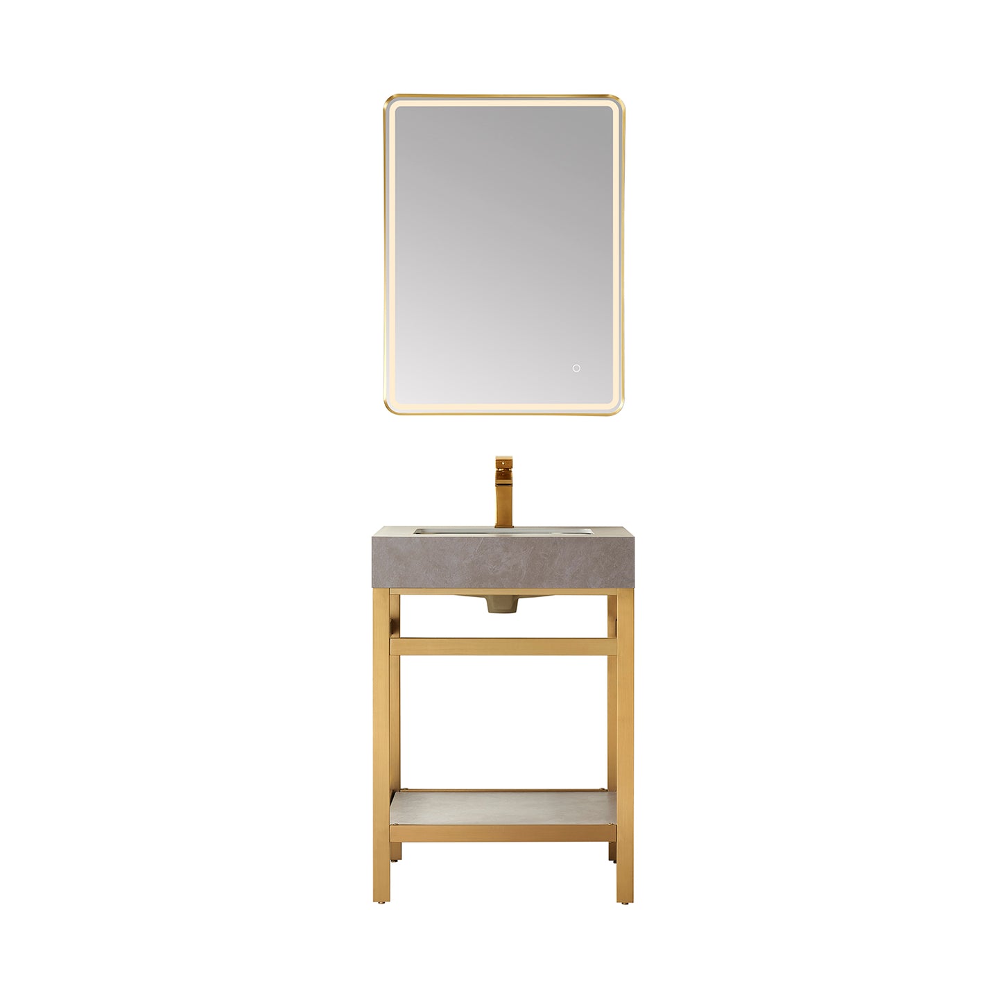 Funes 24" Single Sink Bath Vanity in Brushed Gold Metal Support with Grey Sintered Stone Top and Mirror