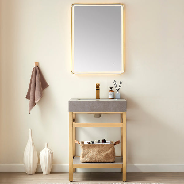 Funes 24 Single Sink Bath Vanity in Brushed Gold Metal Support with Grey Sintered Stone Top and Mirror