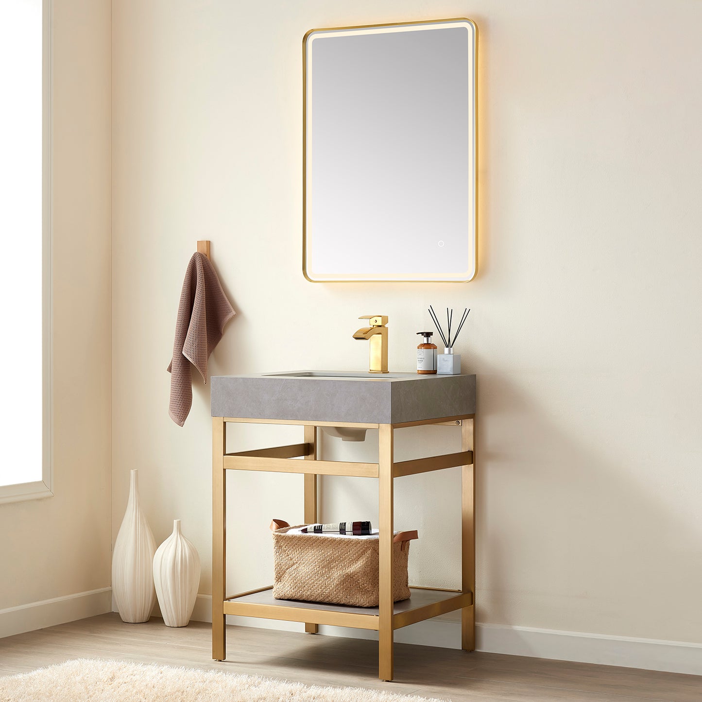 Funes 24" Single Sink Bath Vanity in Brushed Gold Metal Support with Grey Sintered Stone Top and Mirror