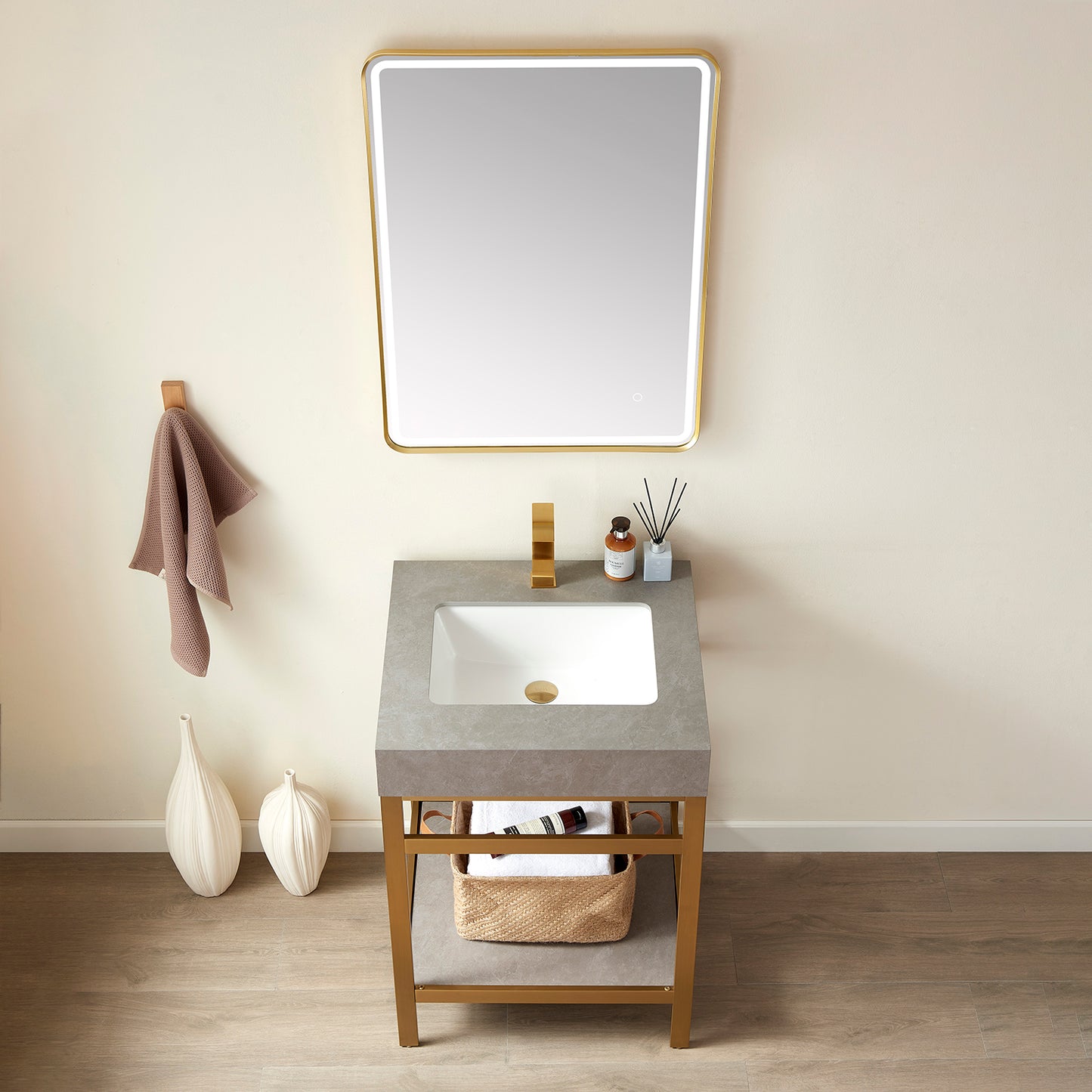 Funes 24" Single Sink Bath Vanity in Brushed Gold Metal Support with Grey Sintered Stone Top and Mirror