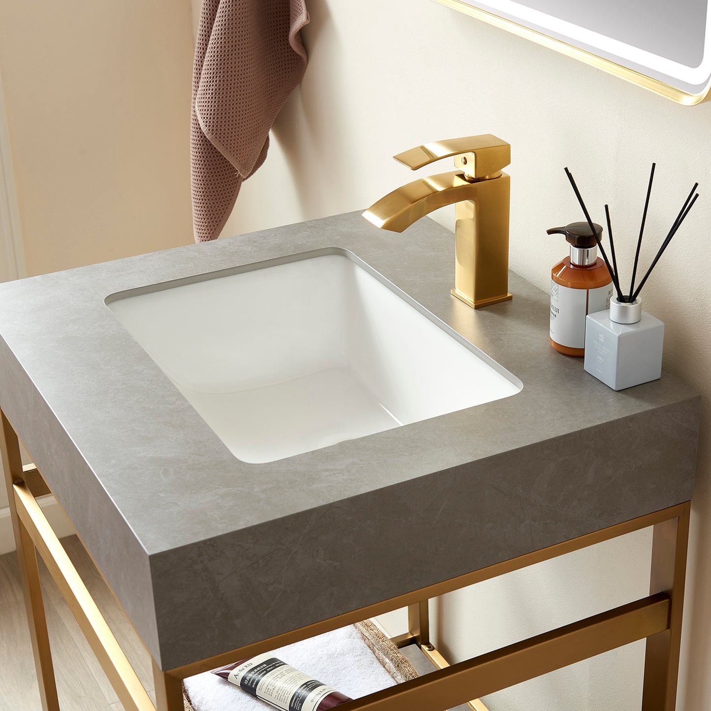 Funes 24" Single Sink Bath Vanity in Brushed Gold Metal Support with Grey Sintered Stone Top and Mirror