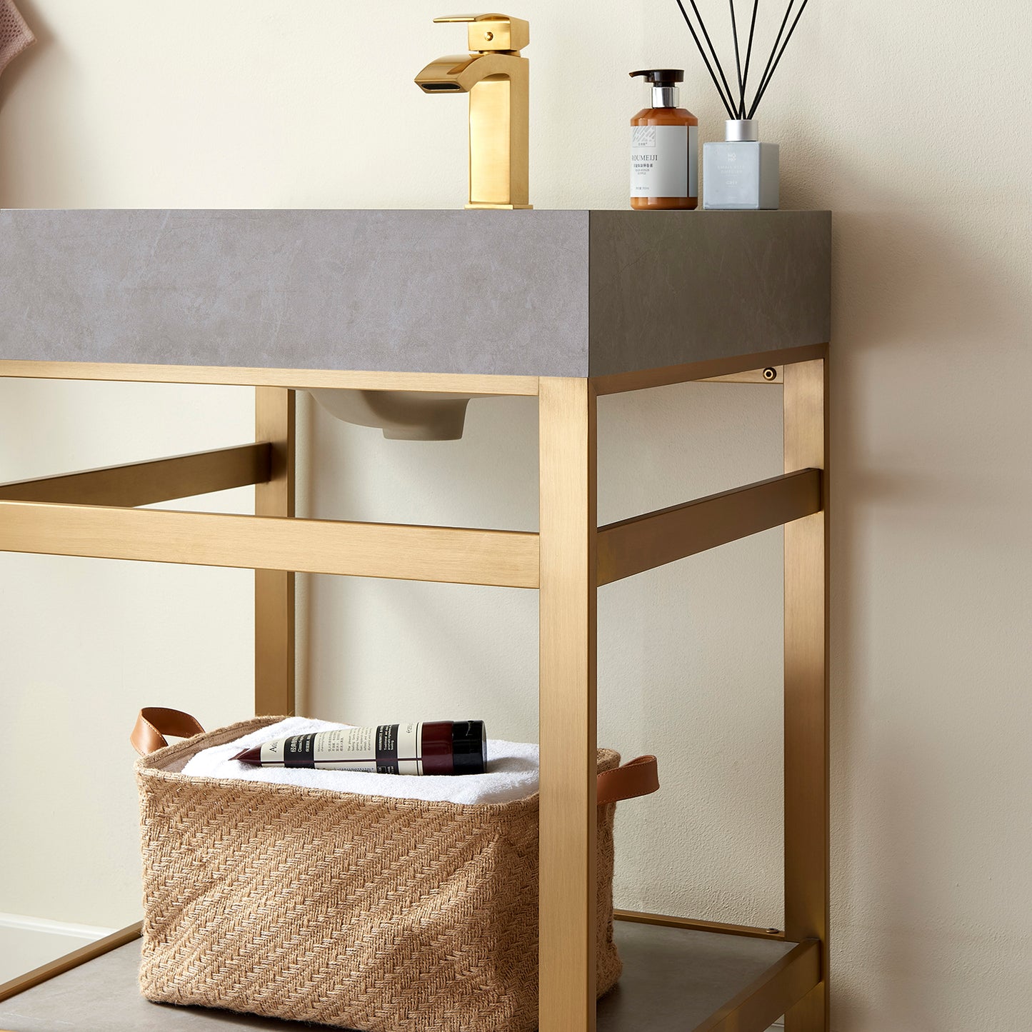 Funes 24" Single Sink Bath Vanity in Brushed Gold Metal Support with Grey Sintered Stone Top and Mirror