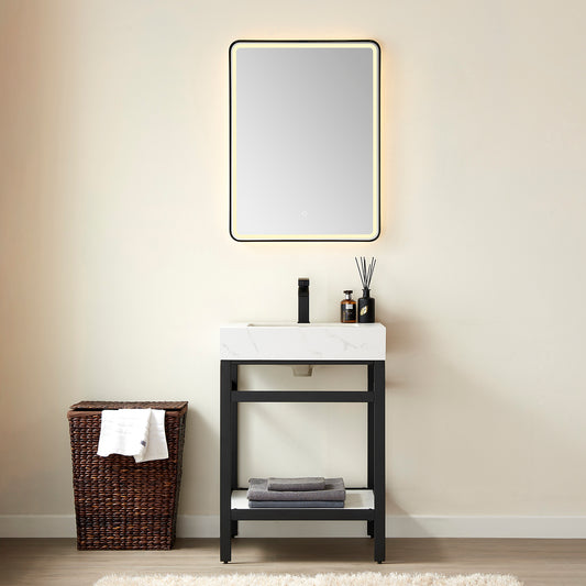 Funes 24" Single Sink Bath Vanity in Matt Black Metal Support with White Sintered Stone Top and Mirror