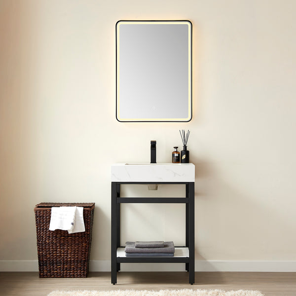 Funes 24 Single Sink Bath Vanity in Matt Black Metal Support with White Sintered Stone Top and Mirror
