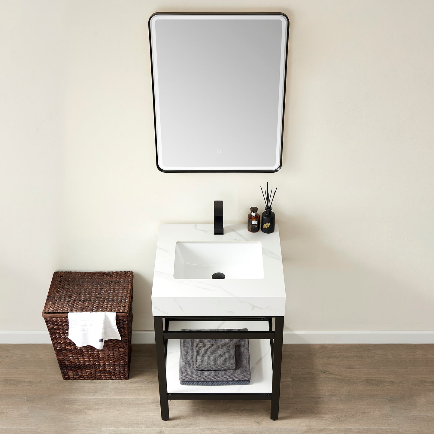 Funes 24" Single Sink Bath Vanity in Matt Black Metal Support with White Sintered Stone Top and Mirror