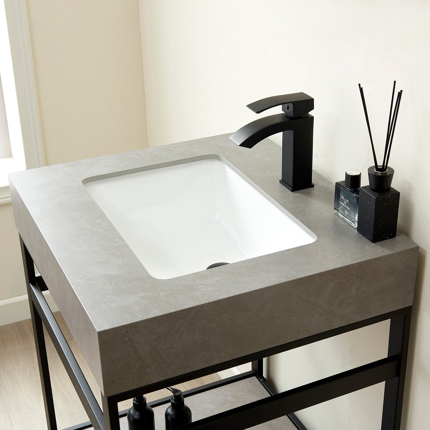 Funes 24" Single Sink Bath Vanity in Matt Black Metal Support with Grey Sintered Stone Top